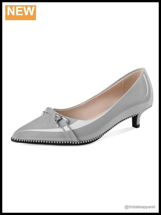 Shoes - Women Low Kitten Heel Pumps Pointed Toe Beaded Buckle Bow Slip On Office Wedding